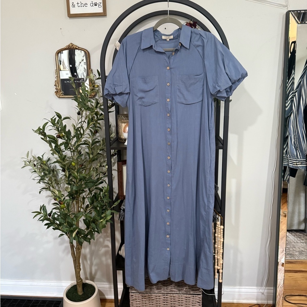 Easel Gray Puff Sleeve Polo Collar Maxi Dress size small